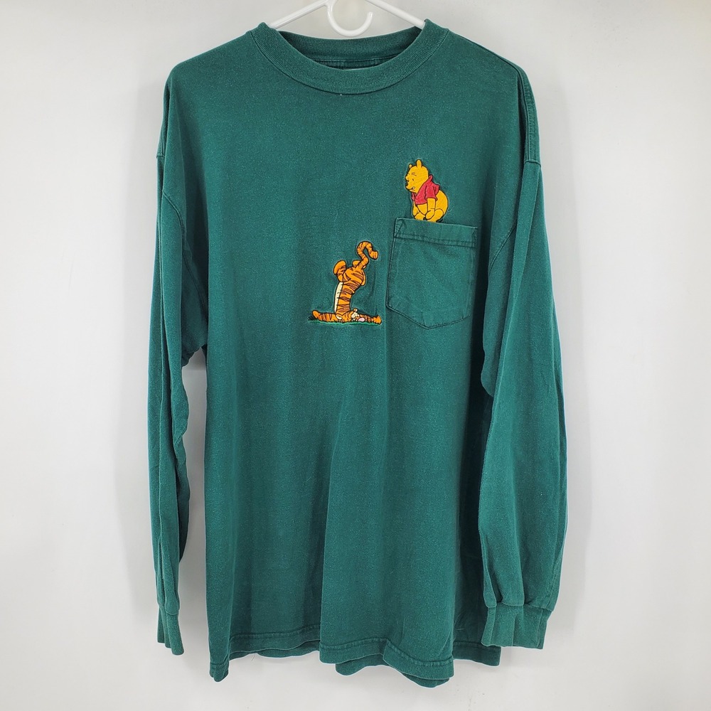 Vintage Disney Store Winnie the Pooh Tigger Embroidered‎ Pocket T-Shirt Green XL